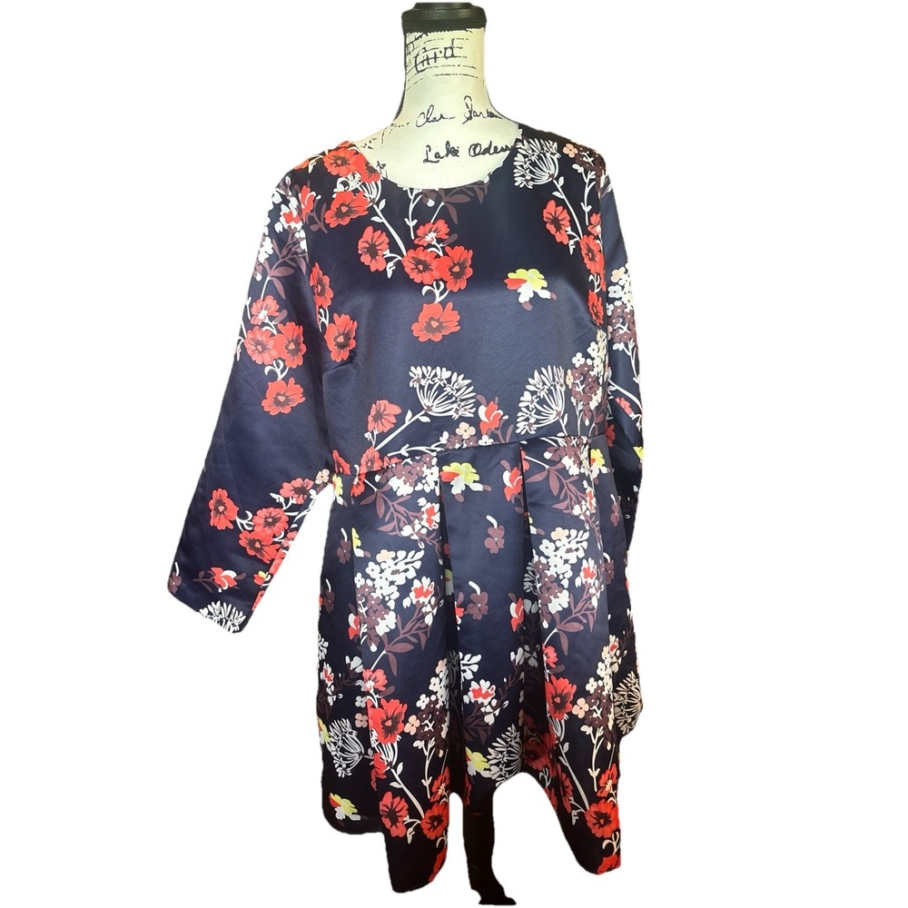 Q.ing Blue Floral Satin Mini Dress Plus Size 4X With Pockets‎ Lined